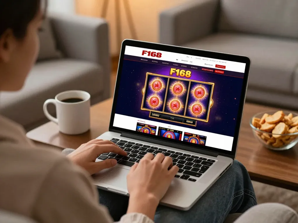 Engaging home gaming moment at F168 with a player excitedly exploring online slots.
