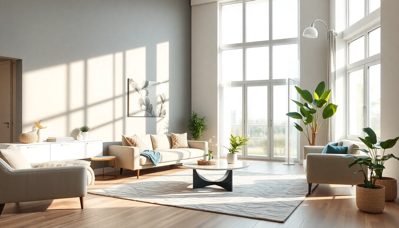 Raumgestaltung in einem modernen Wohnzimmer mit harmonischen Farben und eleganten Möbeln.