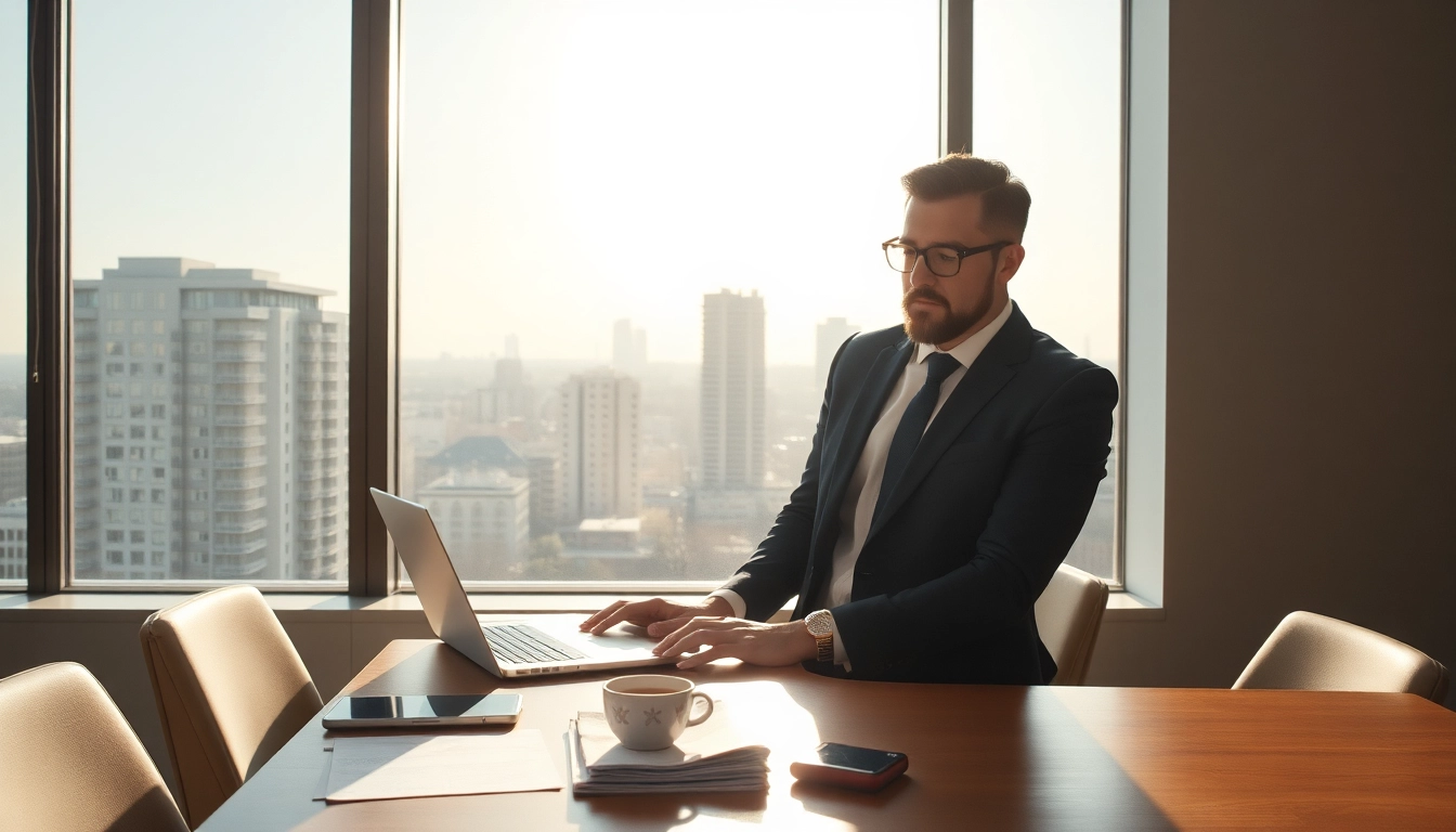 Headhunter IT arbeitet an einem Laptop in einem modernen Büro mit Stadtblick.