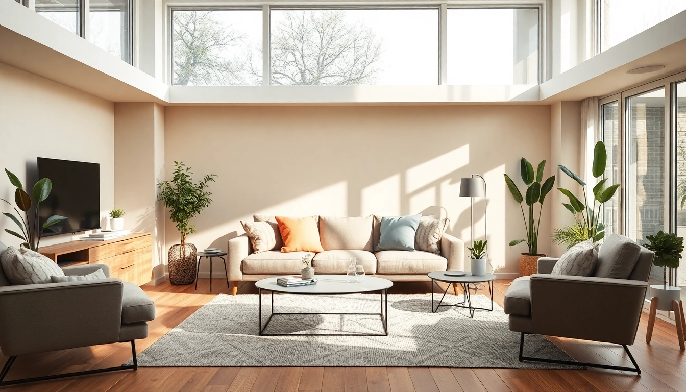 Raumgestaltung eines einladenden Wohnzimmers mit natürlicher Farbpalette und stimmungsvollem Licht.