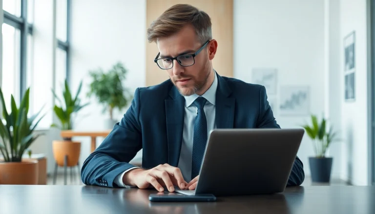 Headhunter prüft Kandidatenlisten in einem modernen Büro mit Laptop und Notizen.