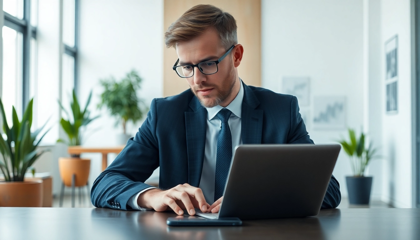 Headhunter prüft Kandidatenlisten in einem modernen Büro mit Laptop und Notizen.