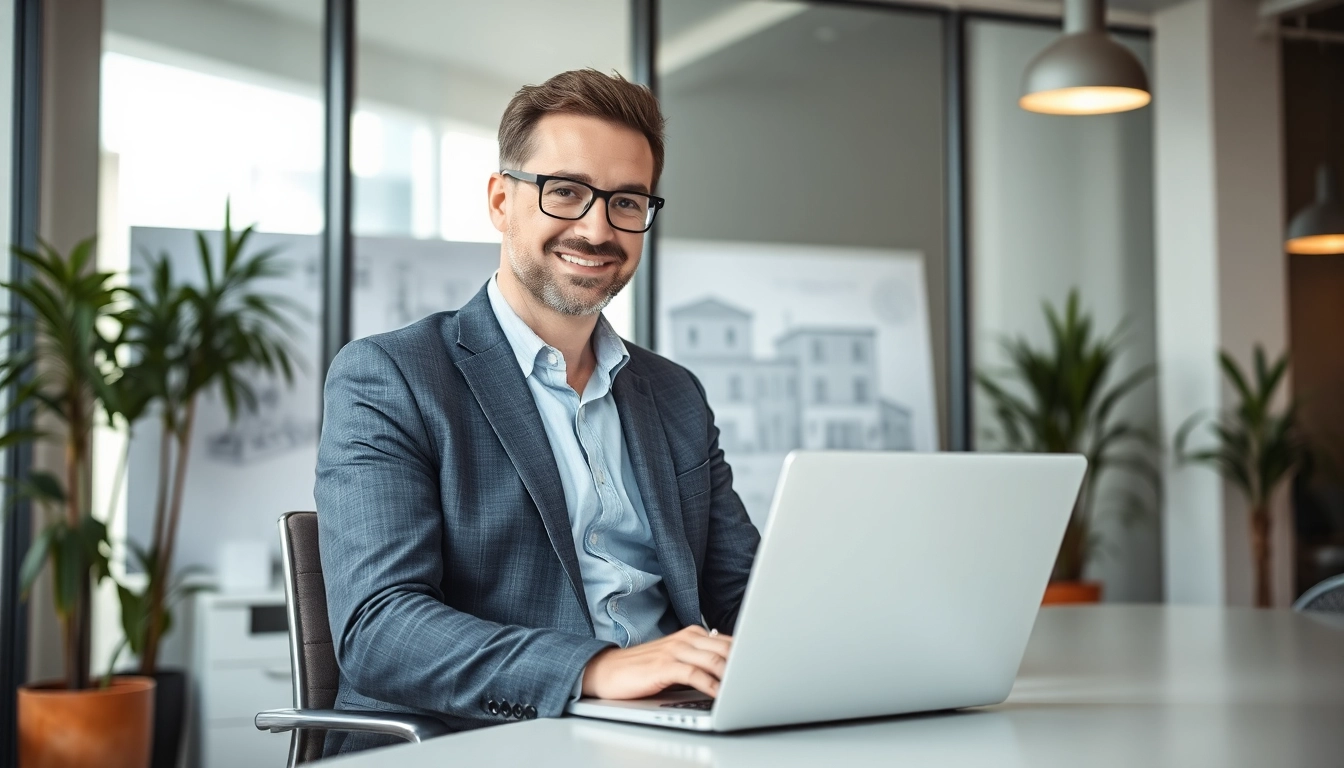 Headhunter Baubranche berät Kunden in modernem Büro mit Bauplänen und Laptop.