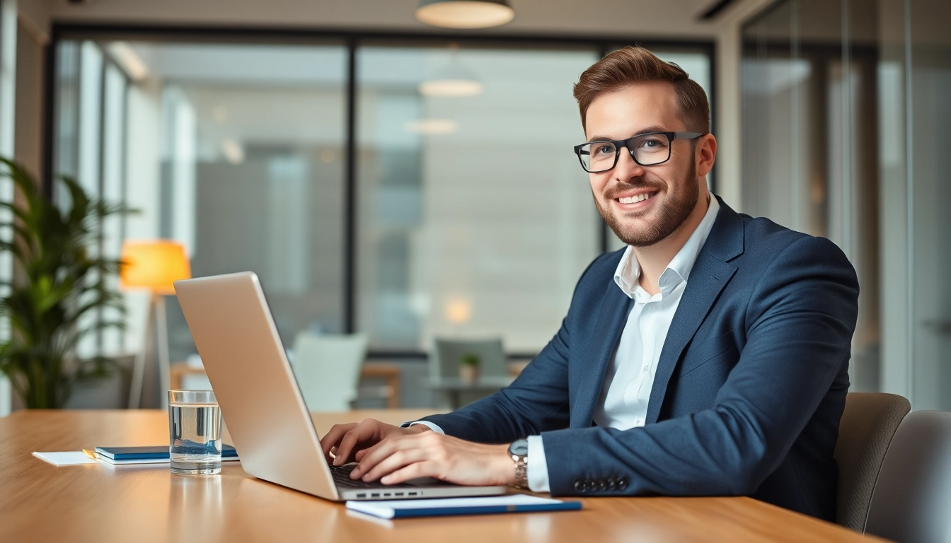 Headhunter Vertrieb in einem modernen Büro mit Laptop, Notizen und einem freundlichen Lächeln.