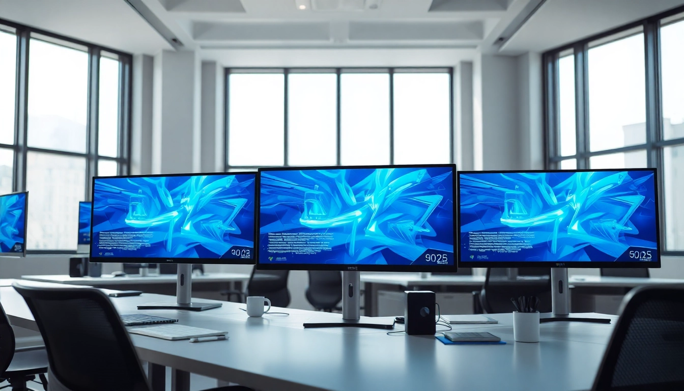 Visualisierung des Server 2025 Standard Upgrade von 2022 in einem modernen Büro-Setup mit mehreren Monitoren.