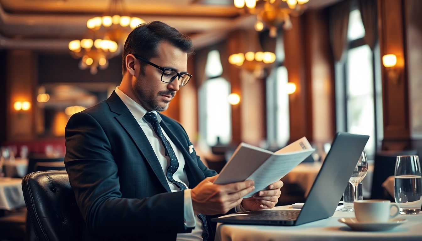 Headhunter Gastronomie bewertet Bewerbungsunterlagen in einem eleganten Restaurant.