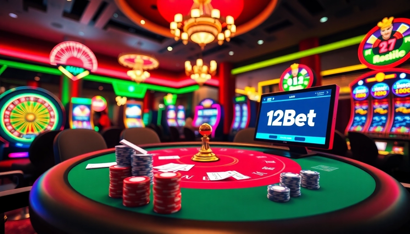 Engaging players at a luxurious poker table with 'Link 12Bet' and bright casino game elements.