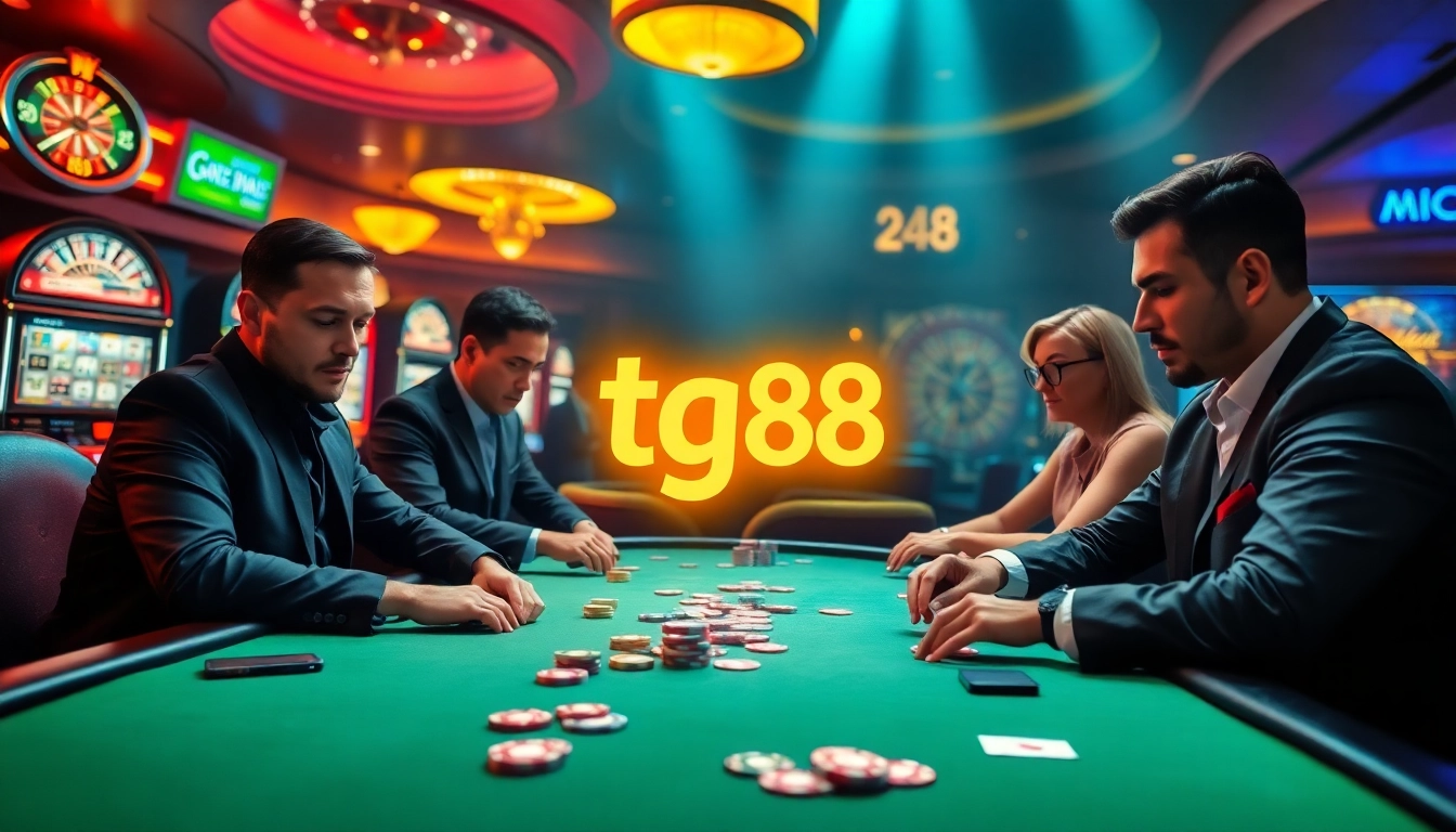 Players strategizing at a poker table with tg88 branding in a luxurious casino setting.