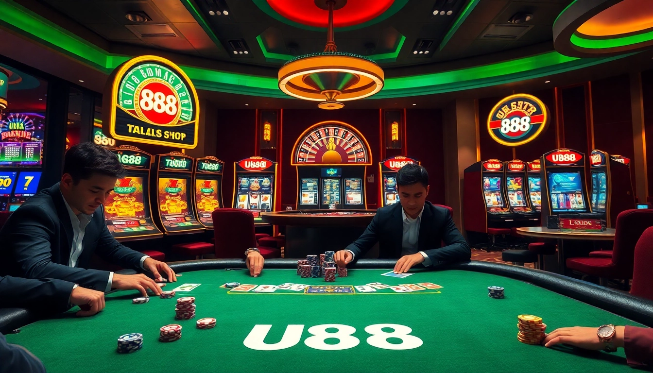 Experience the thrill of U88 gaming with players at a luxurious casino poker table.