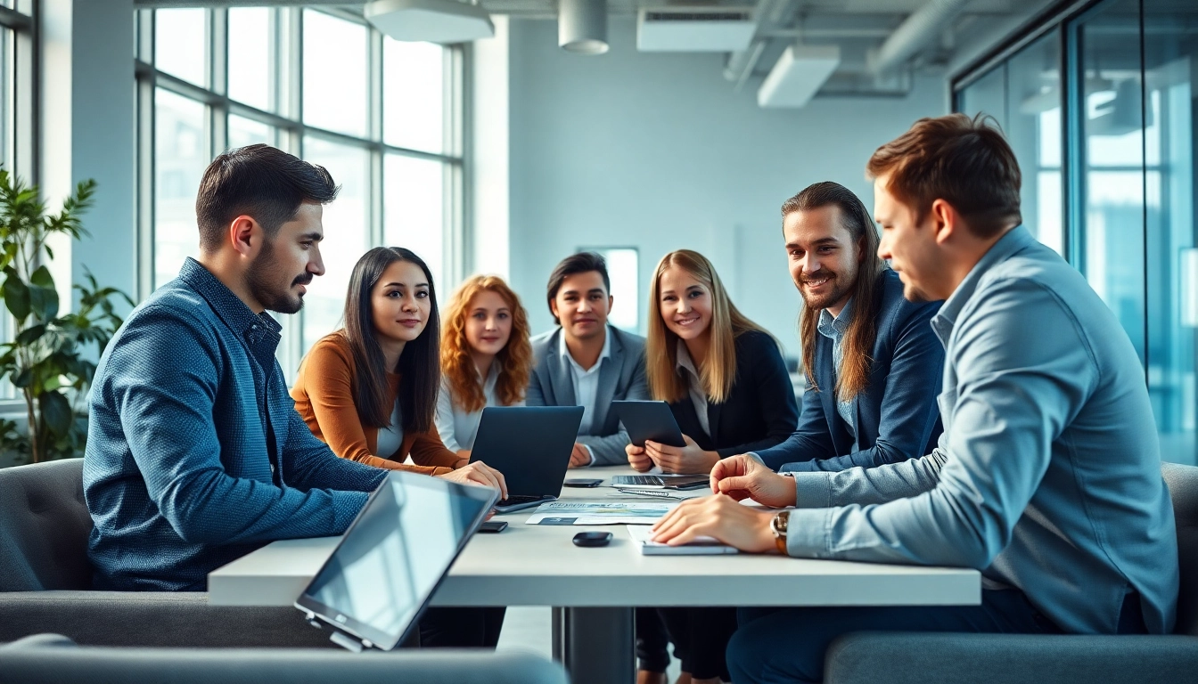 Headhunter IT team discussing strategies for successful recruitment in a modern office setting.