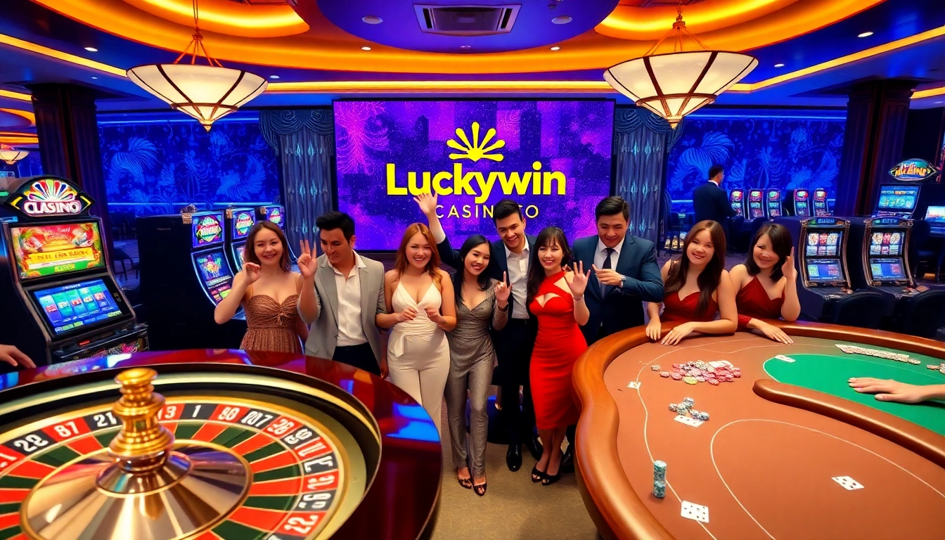 Players enjoying a thrilling game at Luckywin casino, surrounded by vibrant slot machines and poker tables.