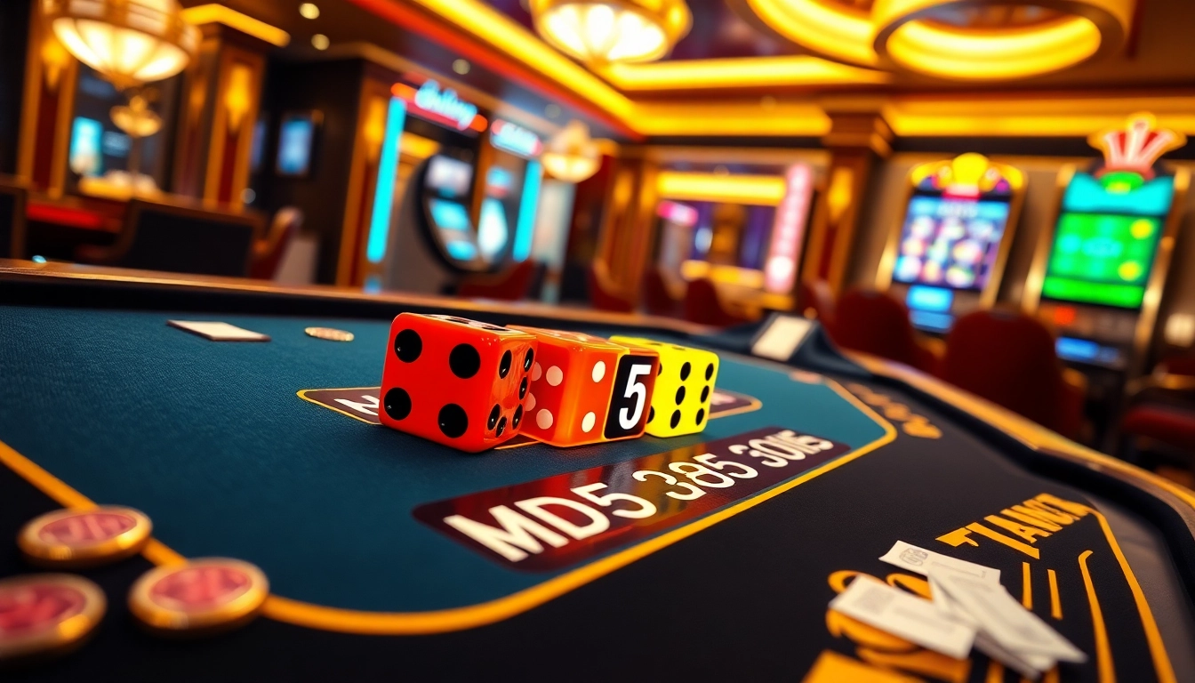 Tài Xỉu MD5 game table displaying colorful dice and a digital hash against a vibrant casino backdrop.