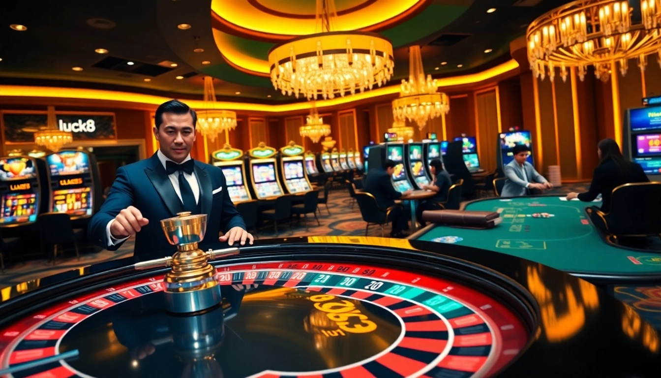 Experience the excitement of luck8 at a glamorous casino filled with vibrant tables and dynamic gaming.
