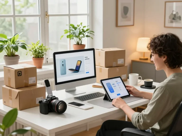 Sofort Lieferbar Produkte in einem stilvollen Homeoffice mit natürlichem Licht präsentiert
