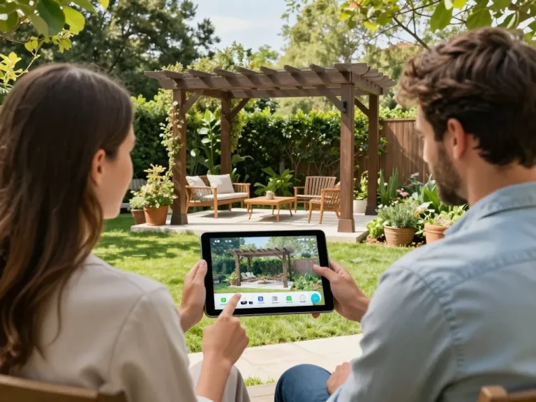Paar, das den Pergola-Konfigurator verwendet, um eine maßgeschneiderte Pergola in ihrem Garten zu visualisieren, mit AR-Funktionen.