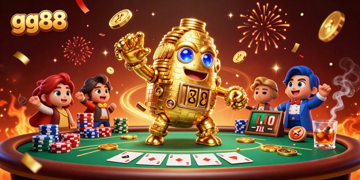 Engage in thrilling gameplay at gg88 with a vibrant scene showcasing a golden golem amidst dynamic poker elements.