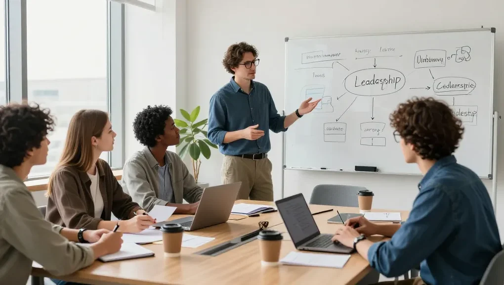 Diskussion über Micromanagement-Chef in modernem Büro mit Teammitgliedern und Notizen.