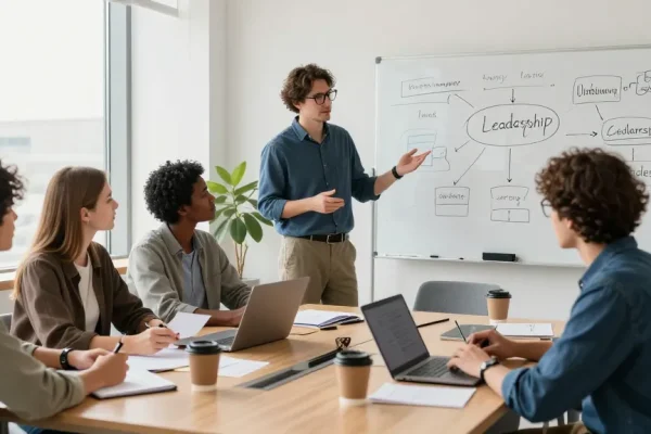 Diskussion über Micromanagement-Chef in modernem Büro mit Teammitgliedern und Notizen.
